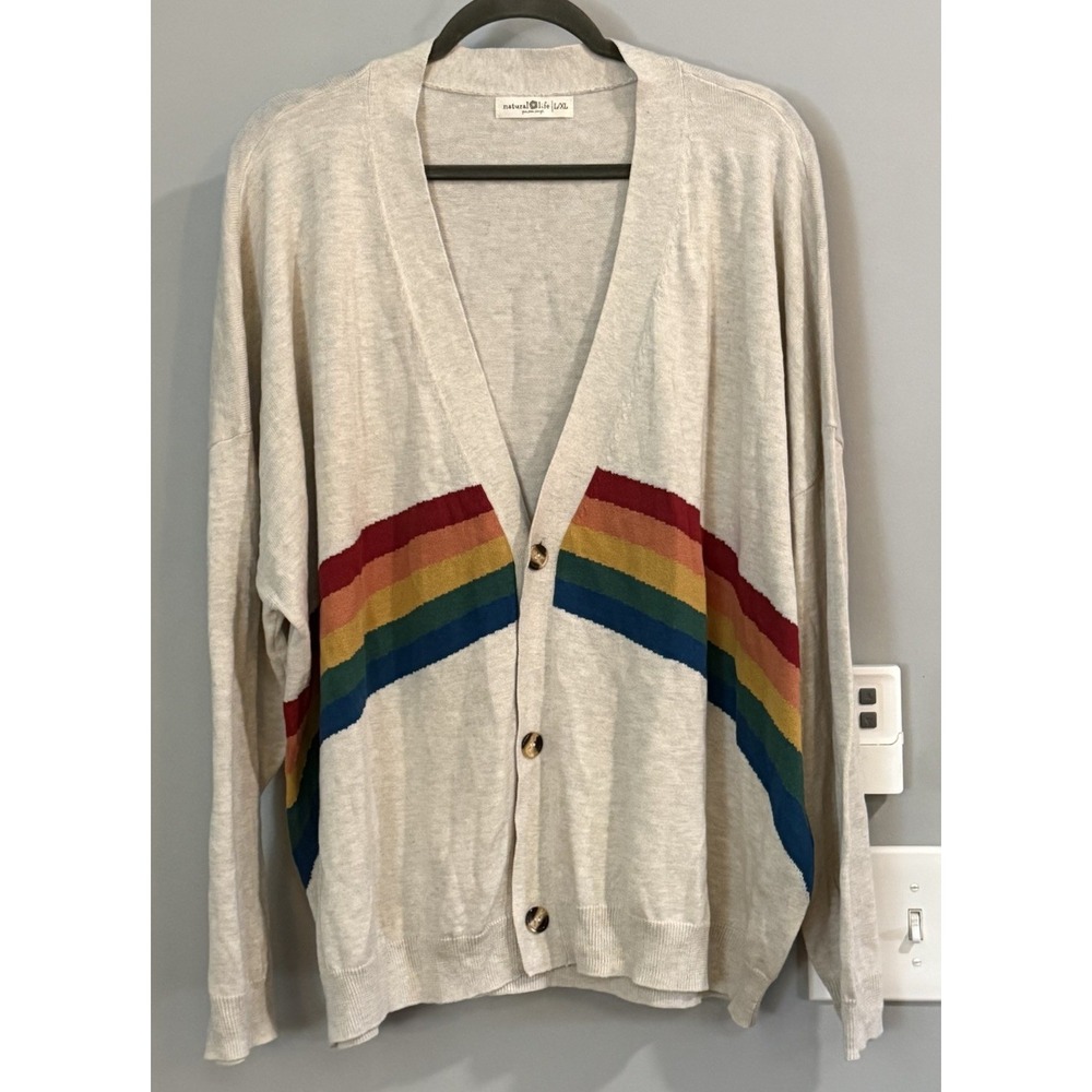 NATURAL LIFE Beige Cardigan with Rainbow Stripes